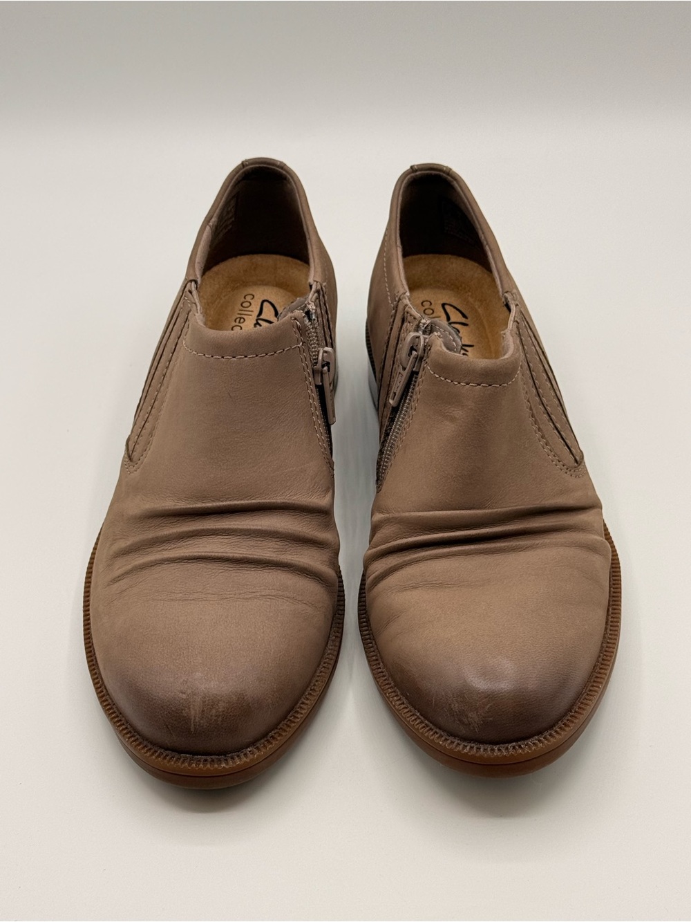 Clarks Women's Taupe Slip-On Leather Loafers with Side Zips
